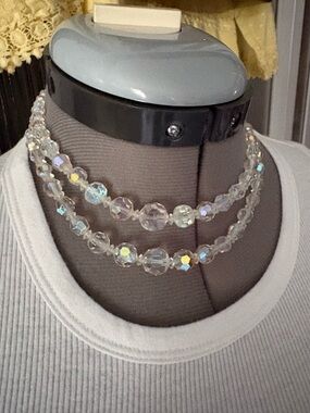 Vintage Iridescent Crystal Bead Choker Necklace - Clear